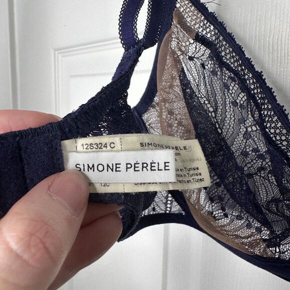 Simone Perele Lace Underwire Bra Navy Blue Size 34C Sheer Floral Lingerie - Picture 6 of 7